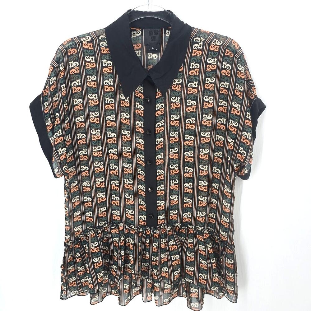 Anna Sui Silk Blouse Y2K Sheer Cat Print Ruffle Tier Pullover Button Front Large